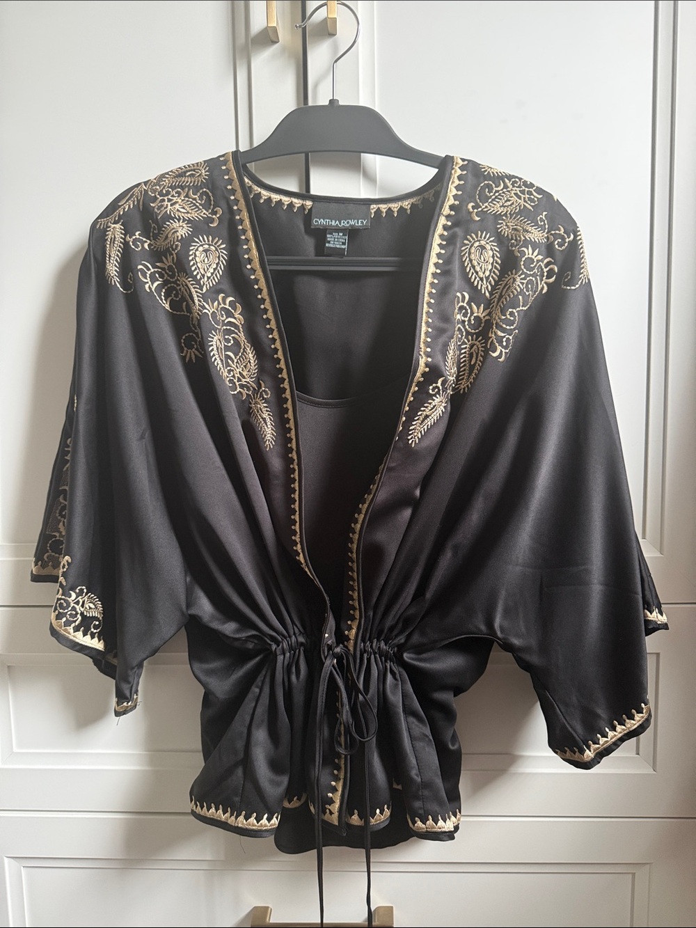 Cynthia Rowley Black Satin Gold-Embroidered Kimono Top
